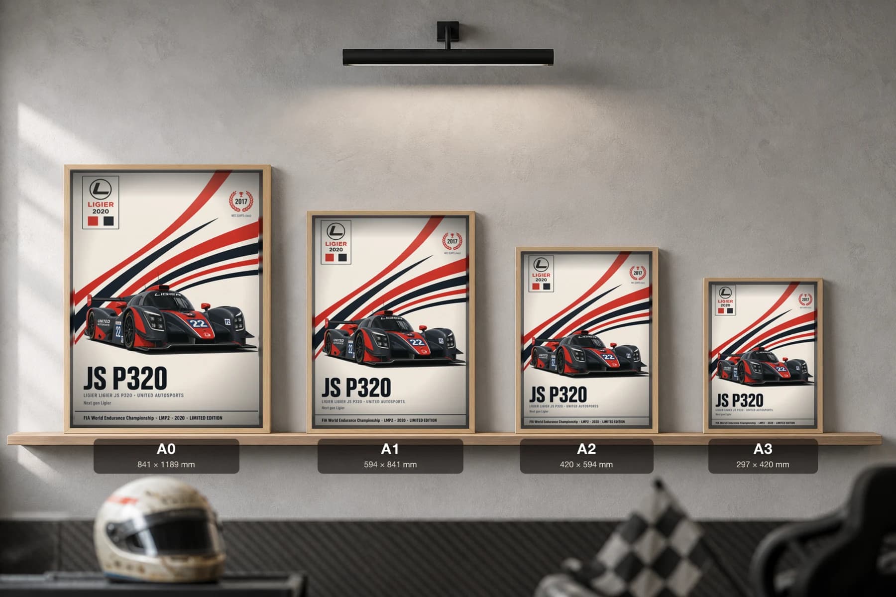 United Autosports JS P320 Poster — 2020 LMP2 WEC racing wall art · #22 · framed A2 — print size guide showing the artwork at A0, A1, A2 and A3 in natural-oak frames at true relative scale