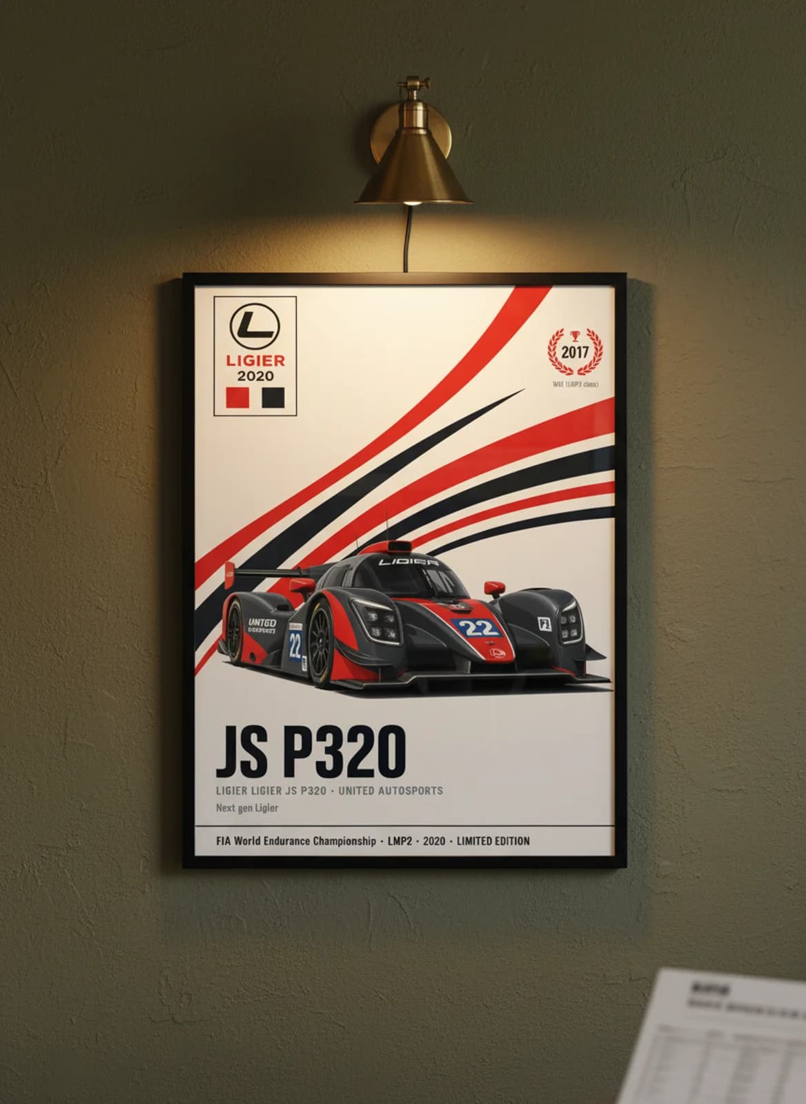 JS P320 WEC Masters endurance print in black A2 frame on charcoal-black olive wall — WEC Masters mockup
