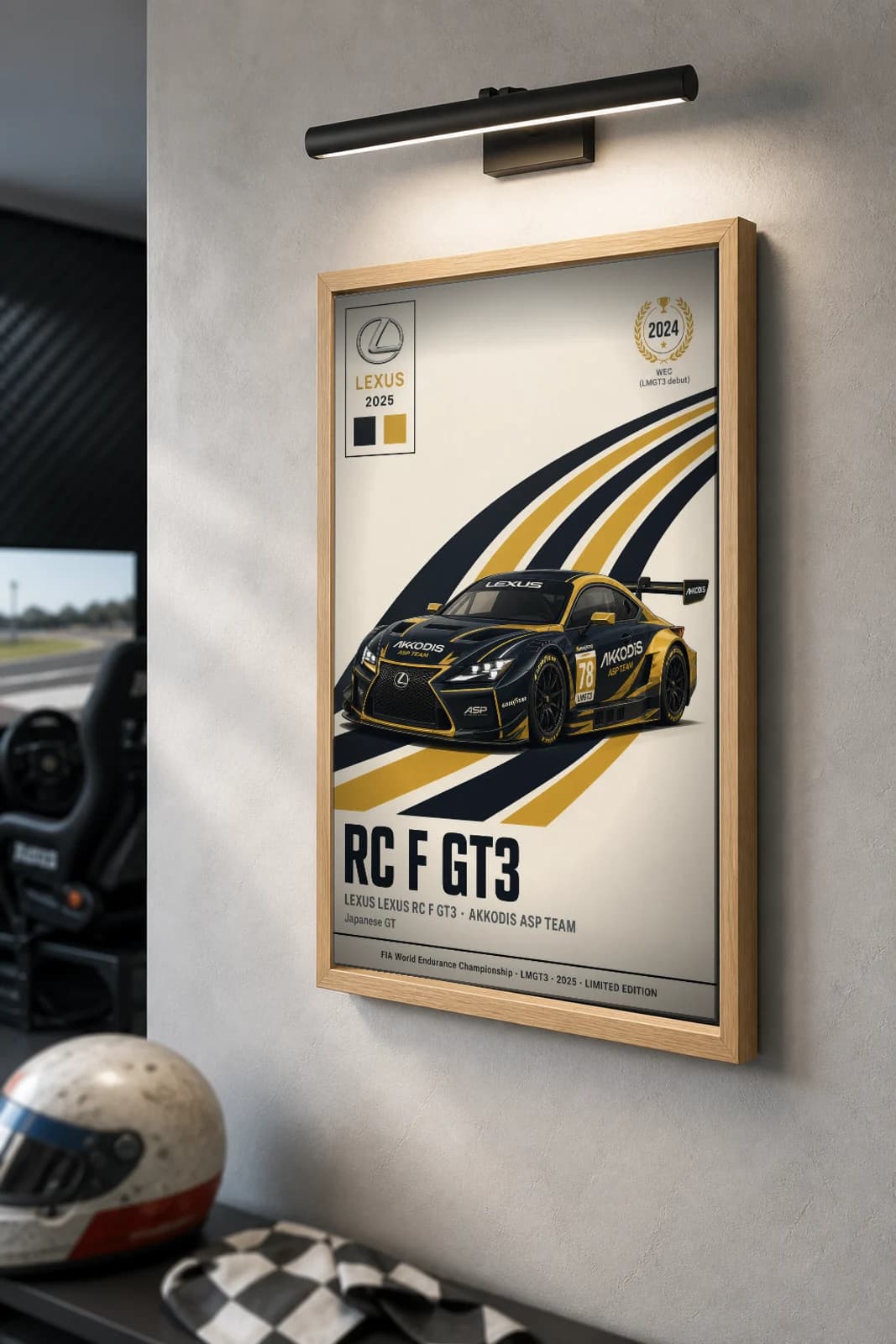 Akkodis ASP Team RC F GT3 Poster — 2025 LMGT3 WEC racing wall art · #78 · framed A2 — the framed print shown at a three-quarter angle on a styled gallery wall in a natural-oak frame