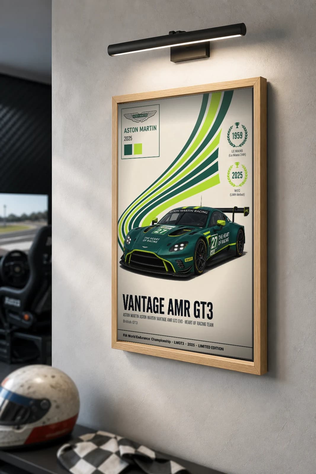 Heart of Racing Vantage AMR GT3 EVO Poster — 2025 LMGT3 WEC racing wall art · #27 · framed A2 — the framed print shown at a three-quarter angle on a styled gallery wall in a natural-oak frame