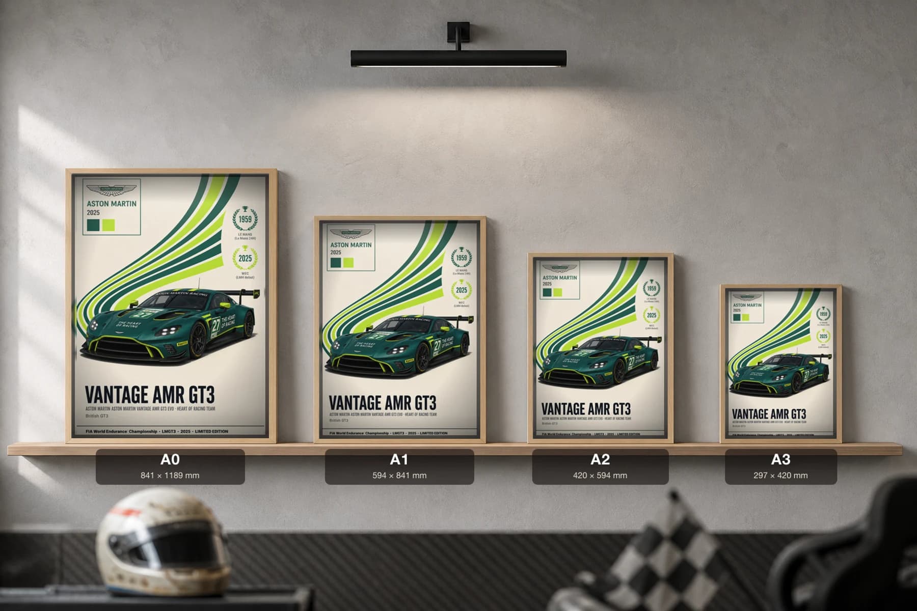 Heart of Racing Vantage AMR GT3 EVO Poster — 2025 LMGT3 WEC racing wall art · #27 · framed A2 — print size guide showing the artwork at A0, A1, A2 and A3 in natural-oak frames at true relative scale