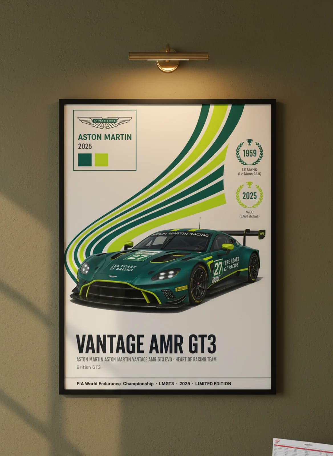 Vantage AMR GT3 — Heart of Racing #27 WEC Masters endurance print in black A2 frame on british-racing-green olive wall — WEC Masters mockup