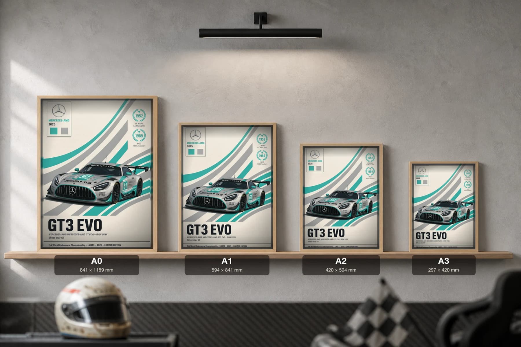 Iron Lynx Mercedes-AMG GT3 Evo Poster — 2025 LMGT3 WEC racing wall art · #61 · framed A2 — print size guide showing the artwork at A0, A1, A2 and A3 in natural-oak frames at true relative scale