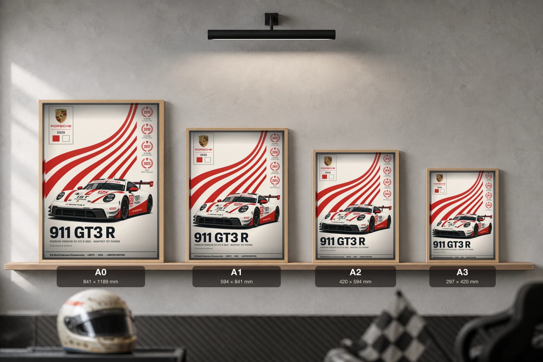 Manthey Racing / 1st Phorm 911 GT3 R (992) Poster — 2025 LMGT3 WEC racing wall art · #92 · framed A2 — print size guide showing the artwork at A0, A1, A2 and A3 in natural-oak frames at true relative scale