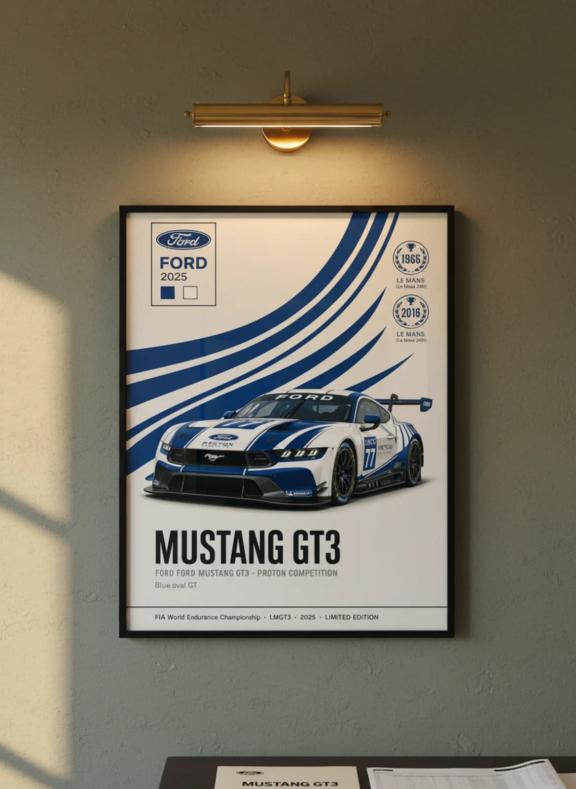 Mustang GT3 WEC Masters endurance print in black A2 frame on proton-blue olive wall — WEC Masters mockup