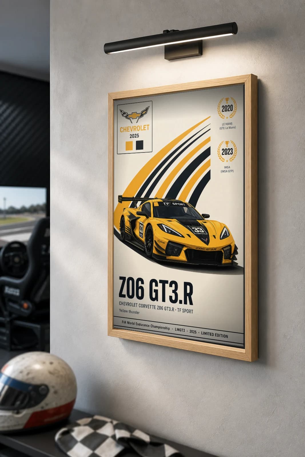TF Sport Z06 GT3.R Poster — 2025 LMGT3 WEC racing wall art · #33 · framed A2 — the framed print shown at a three-quarter angle on a styled gallery wall in a natural-oak frame
