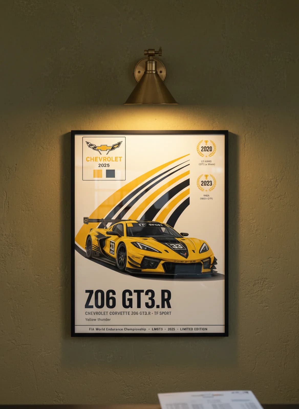 Z06 GT3.R WEC Masters endurance print in black A2 frame on factory-yellow olive wall — WEC Masters mockup