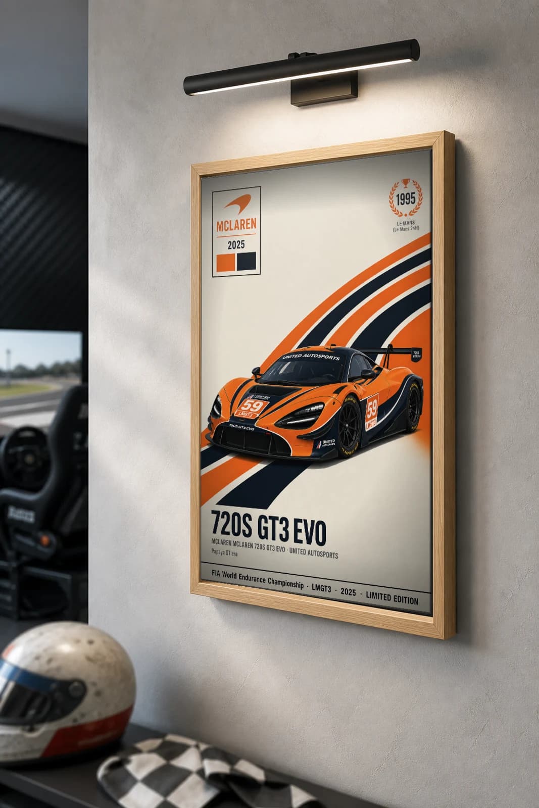 United Autosports 720S GT3 Evo Poster — 2025 LMGT3 WEC racing wall art · #59 · framed A2 — the framed print shown at a three-quarter angle on a styled gallery wall in a natural-oak frame
