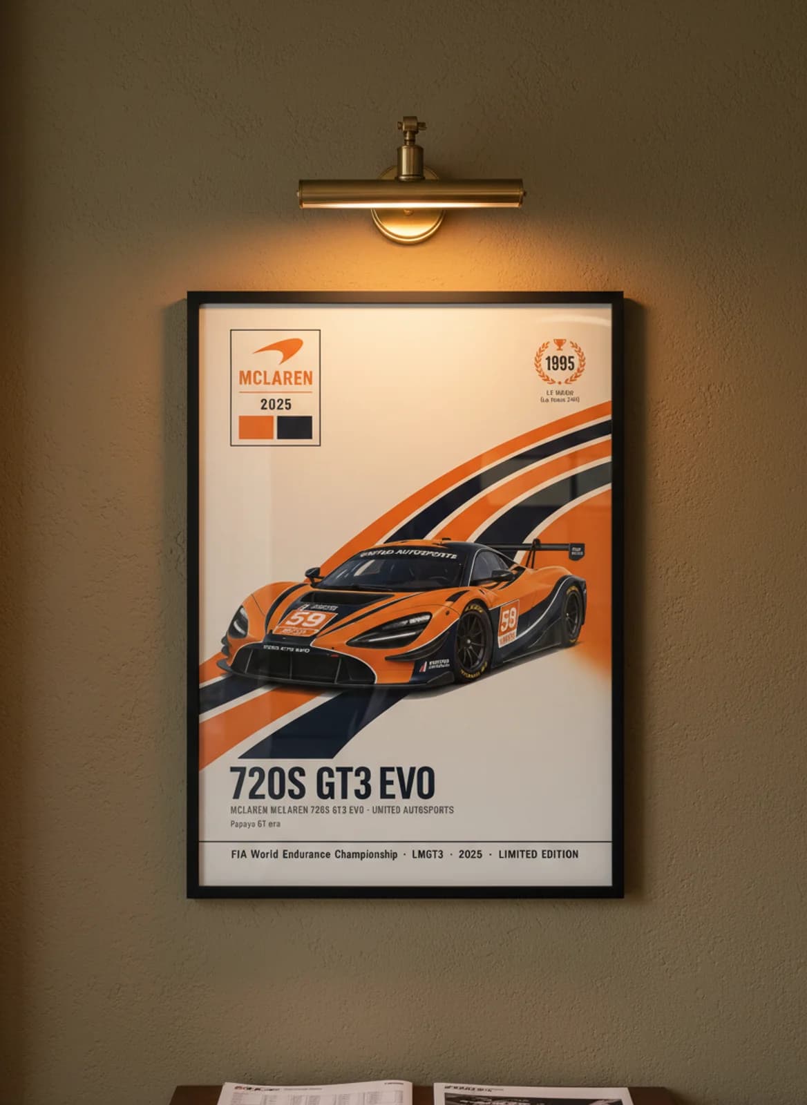 720S GT3 EVO WEC Masters endurance print in black A2 frame on papaya-orange olive wall — WEC Masters mockup