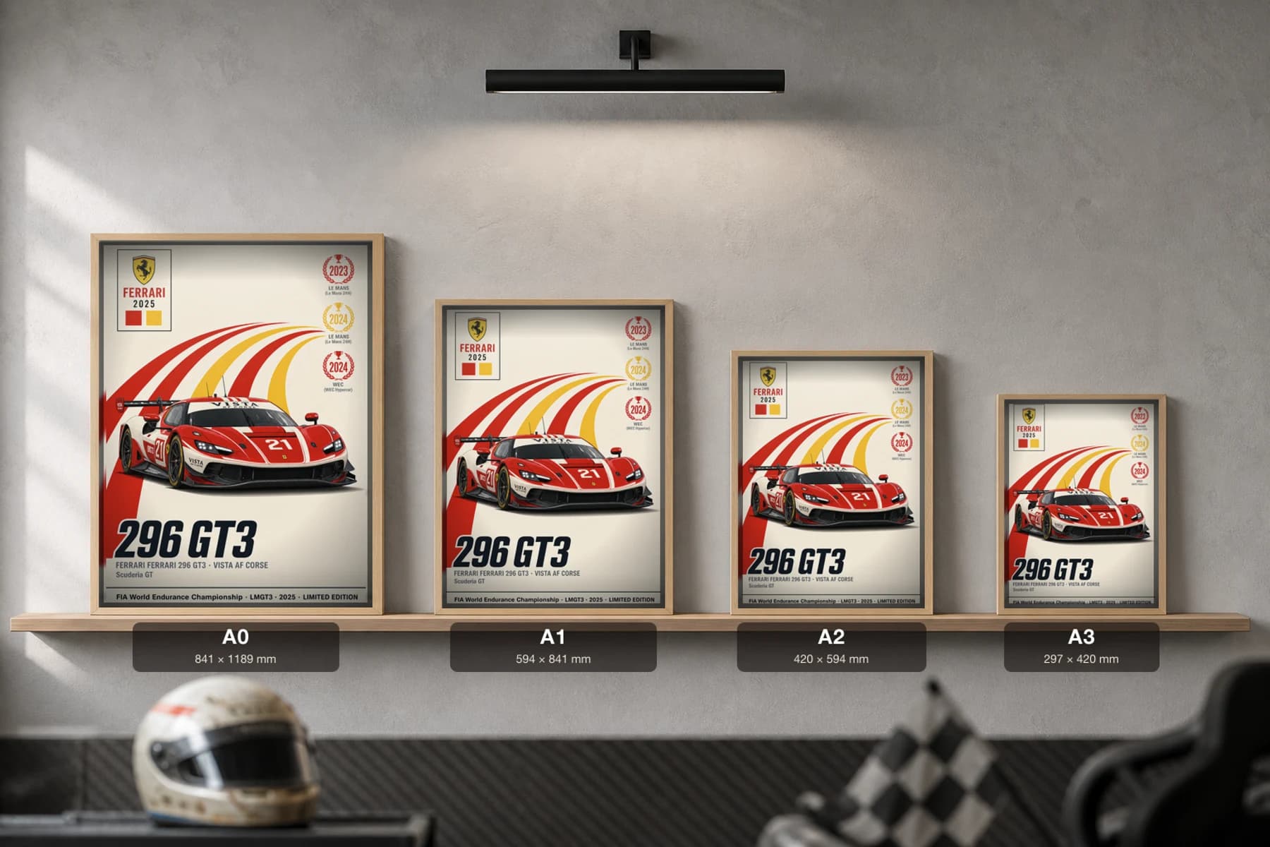 Vista AF Corse 296 GT3 Poster — 2025 LMGT3 WEC racing wall art · #21 · framed A2 — print size guide showing the artwork at A0, A1, A2 and A3 in natural-oak frames at true relative scale
