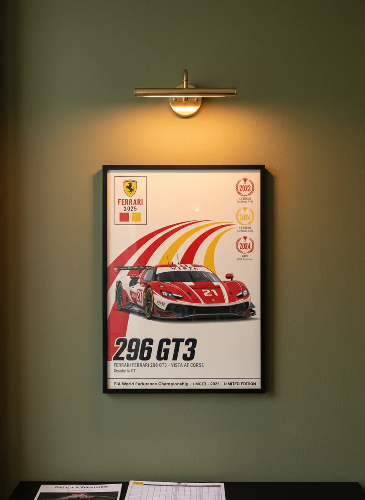 296 GT3 — Vista AF Corse #21 WEC Masters endurance print in black A2 frame on rosso-corsa olive wall — WEC Masters mockup