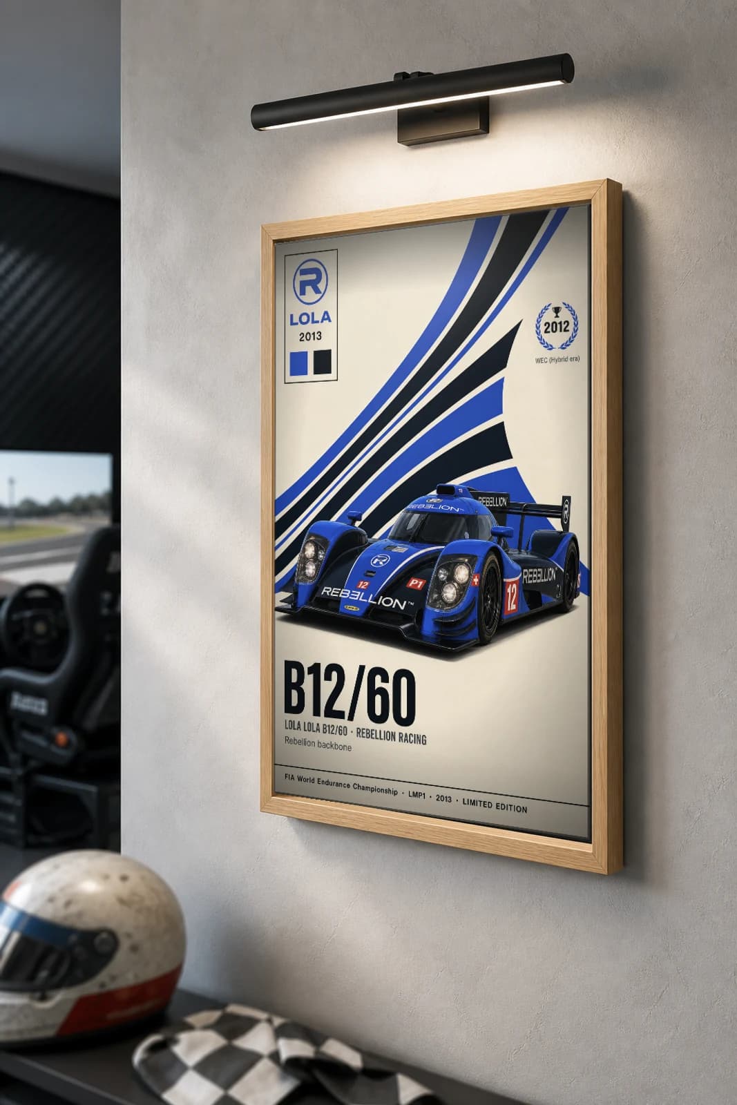 Rebellion Racing B12/60 Poster — 2013 LMP1 WEC racing wall art · #12 · framed A2 — the framed print shown at a three-quarter angle on a styled gallery wall in a natural-oak frame