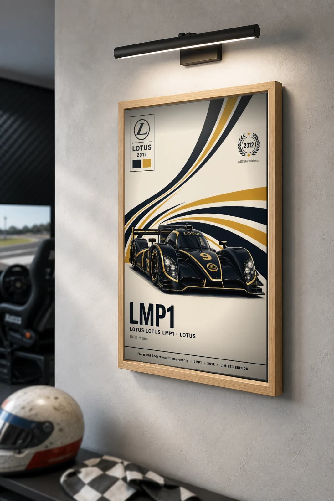 Lotus Racing PRT-LMP1 Poster — 2012 LMP1 WEC racing wall art · #9 · framed A2 — the framed print shown at a three-quarter angle on a styled gallery wall in a natural-oak frame
