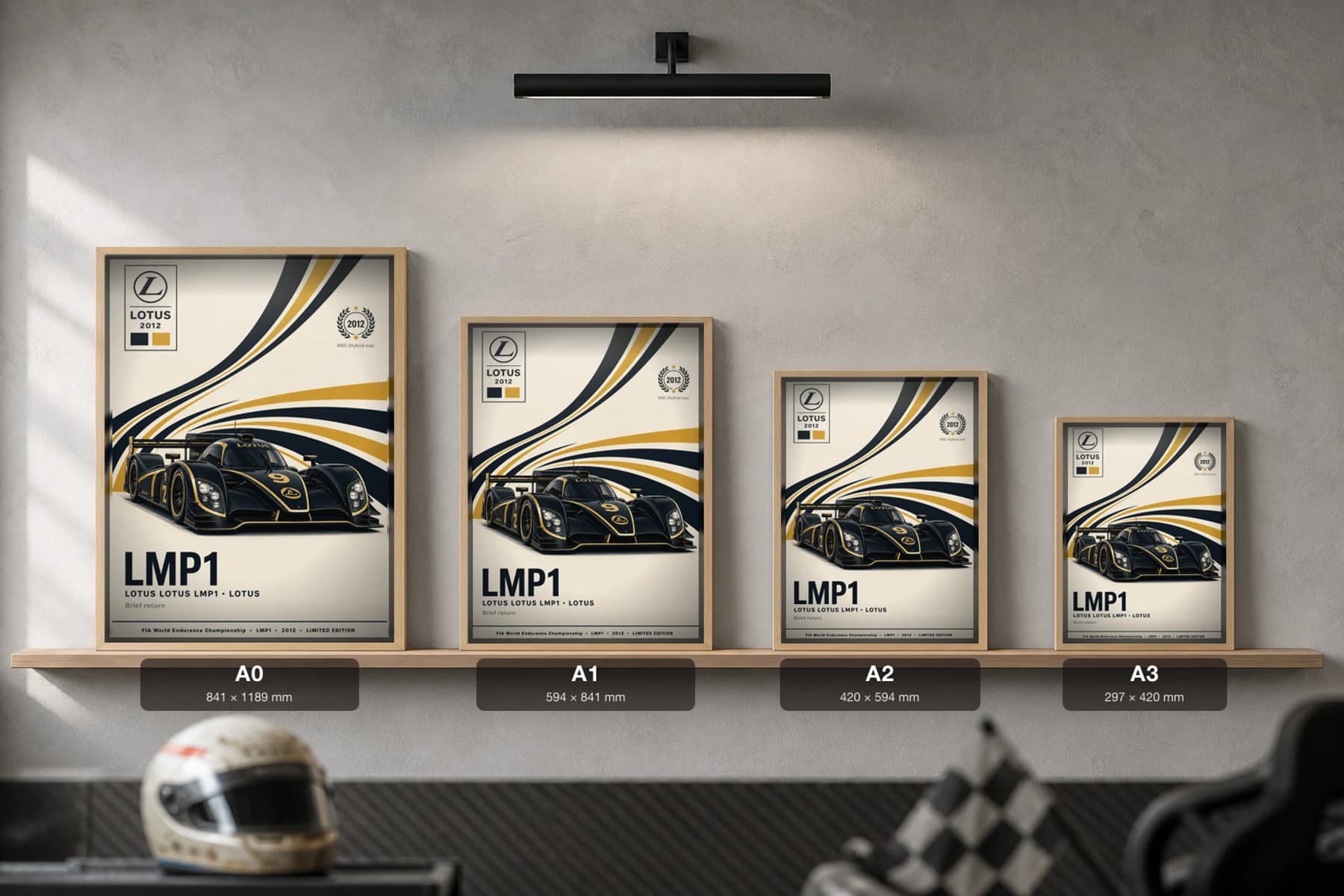 Lotus Racing PRT-LMP1 Poster — 2012 LMP1 WEC racing wall art · #9 · framed A2 — print size guide showing the artwork at A0, A1, A2 and A3 in natural-oak frames at true relative scale