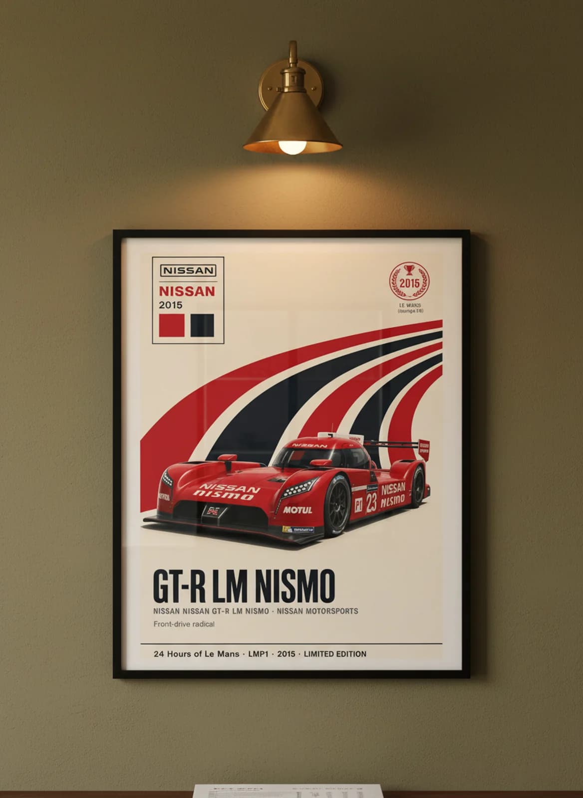 GT-R LM NISMO — Nissan #23 WEC Masters endurance print in black A2 frame on nissan-red olive wall — WEC Masters mockup