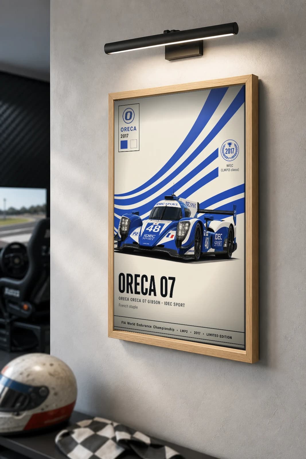 IDEC Sport 07 Poster — 2017 LMP2 WEC racing wall art · #48 · framed A2 — the framed print shown at a three-quarter angle on a styled gallery wall in a natural-oak frame