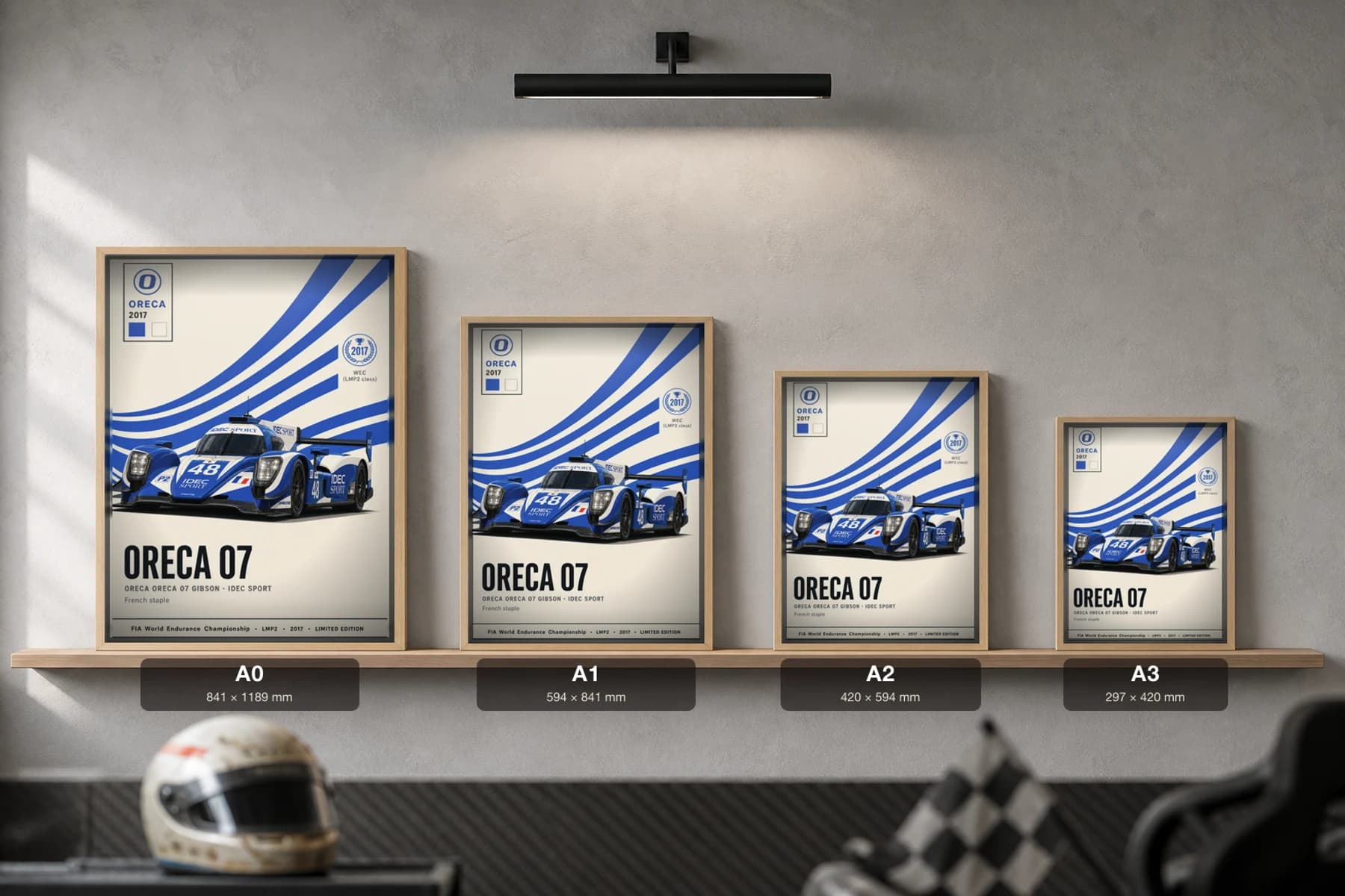 IDEC Sport 07 Poster — 2017 LMP2 WEC racing wall art · #48 · framed A2 — print size guide showing the artwork at A0, A1, A2 and A3 in natural-oak frames at true relative scale