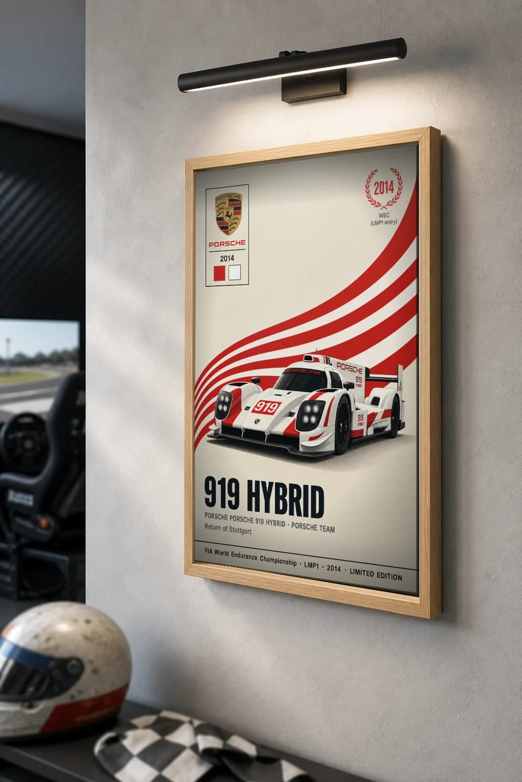Porsche Team 919 Hybrid Poster — 2014 LMP1 WEC racing wall art · #— · framed A2 — the framed print shown at a three-quarter angle on a styled gallery wall in a natural-oak frame
