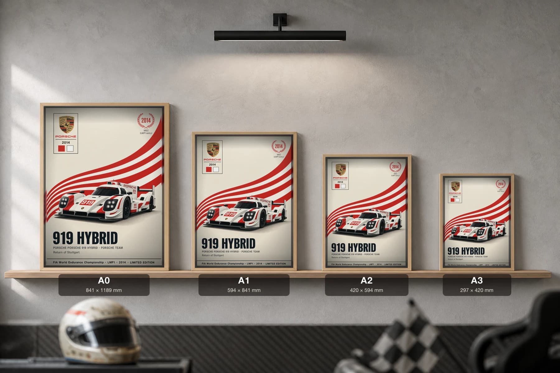 Porsche Team 919 Hybrid Poster — 2014 LMP1 WEC racing wall art · #— · framed A2 — print size guide showing the artwork at A0, A1, A2 and A3 in natural-oak frames at true relative scale