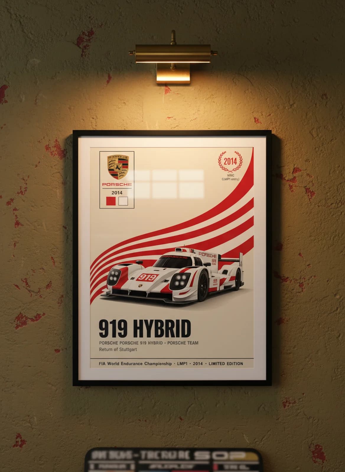 919 HYBRID — Porsche Team WEC Masters endurance print in black A2 frame on racing-red olive wall — WEC Masters mockup