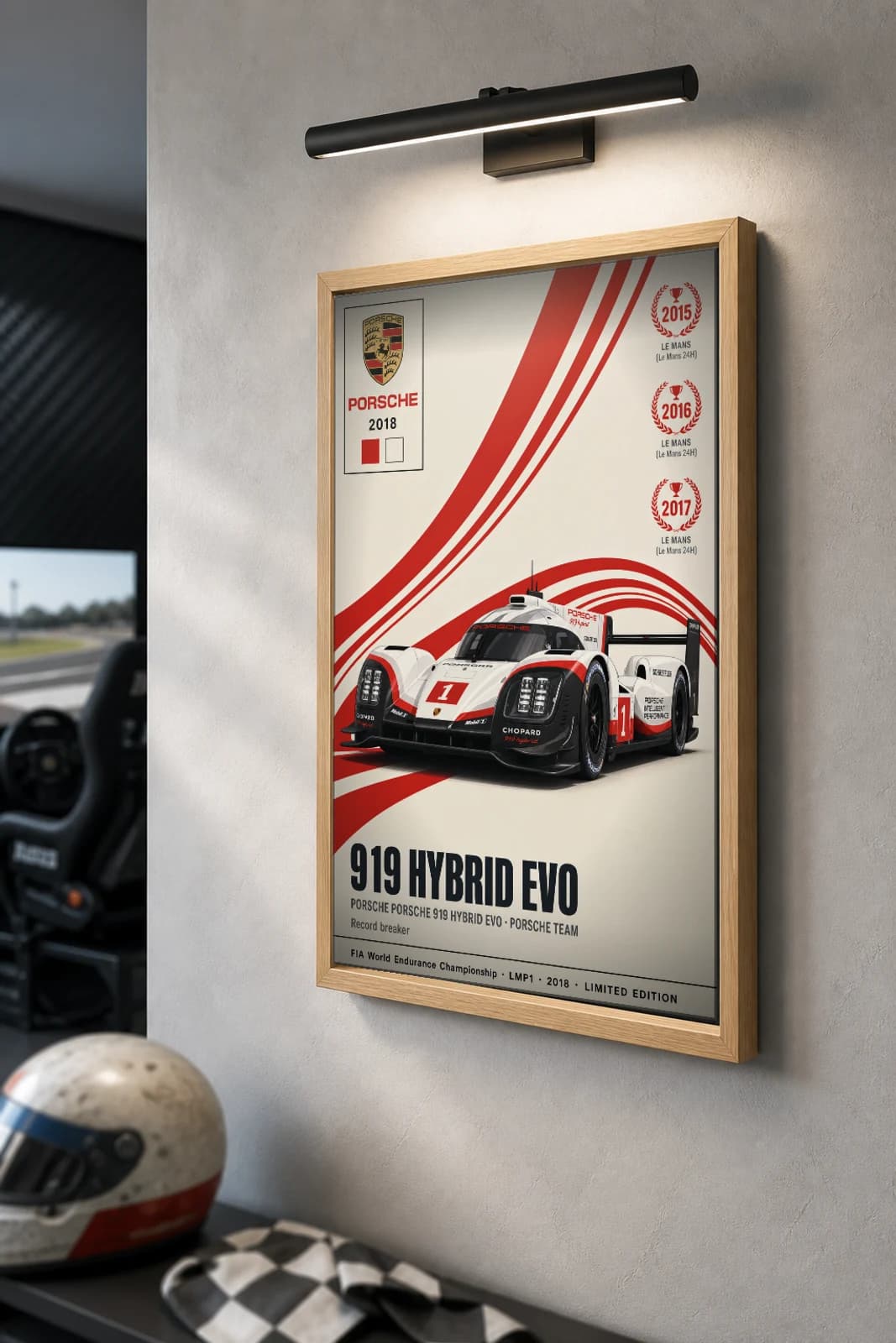Porsche Team 919 Hybrid Evo Poster — 2018 LMP1 WEC racing wall art · #1 · framed A2 — the framed print shown at a three-quarter angle on a styled gallery wall in a natural-oak frame