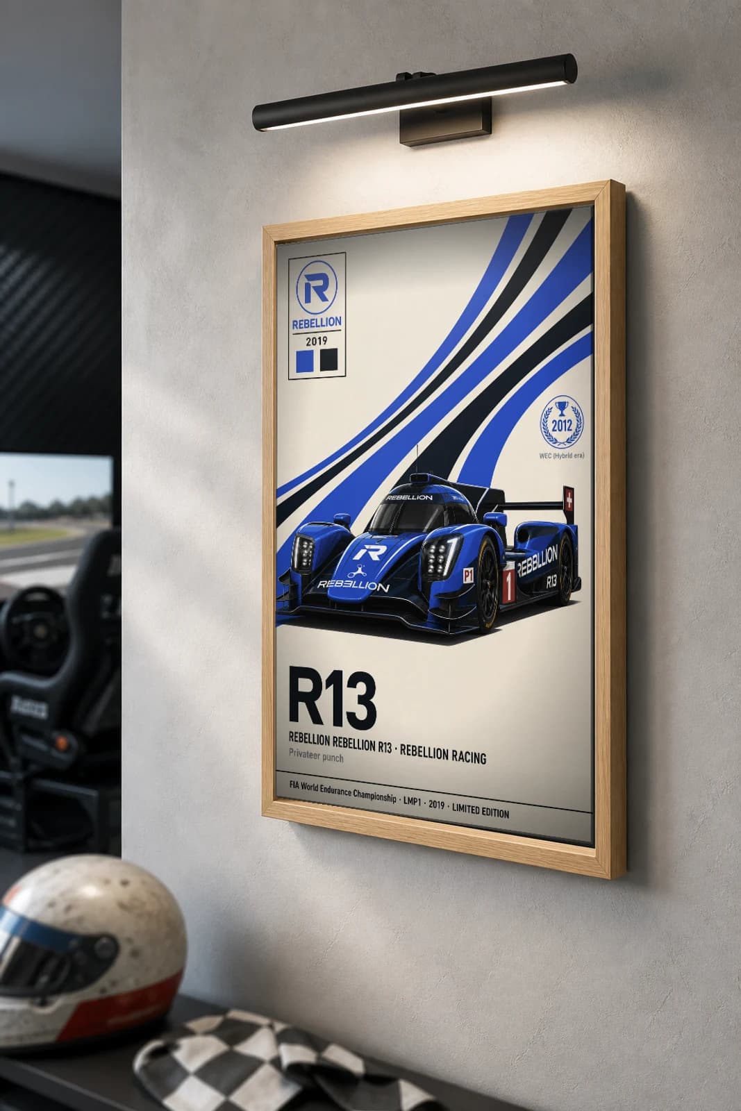 Rebellion Racing R13 Poster — 2019 LMP1 WEC racing wall art · #1 · framed A2 — the framed print shown at a three-quarter angle on a styled gallery wall in a natural-oak frame