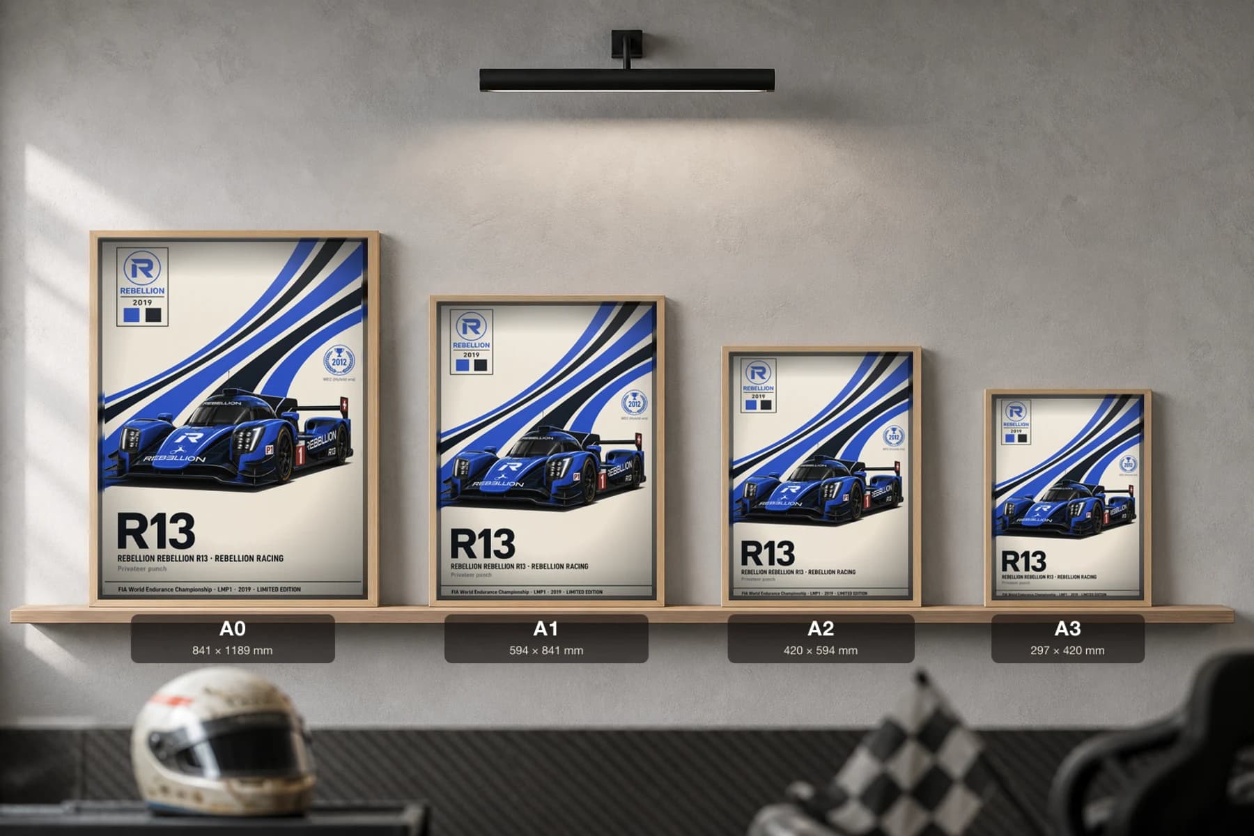 Rebellion Racing R13 Poster — 2019 LMP1 WEC racing wall art · #1 · framed A2 — print size guide showing the artwork at A0, A1, A2 and A3 in natural-oak frames at true relative scale