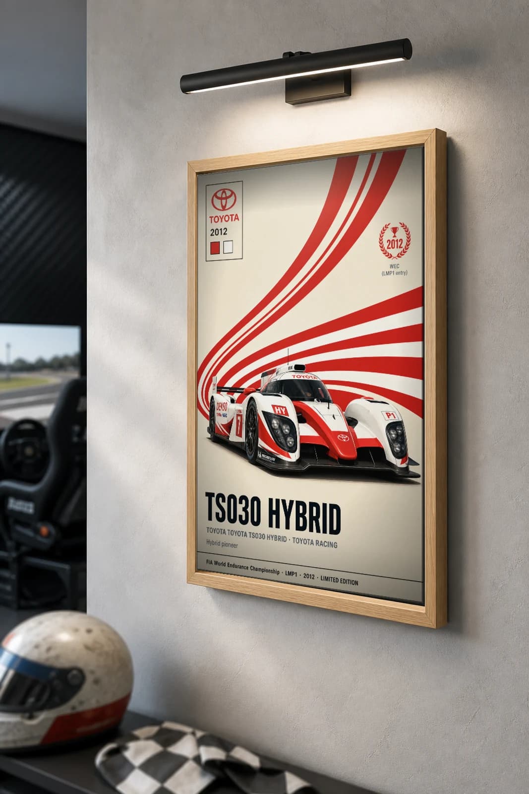 Toyota Racing TS030 HYBRID Poster — 2012 LMP1 WEC racing wall art · #7 · framed A2 — the framed print shown at a three-quarter angle on a styled gallery wall in a natural-oak frame