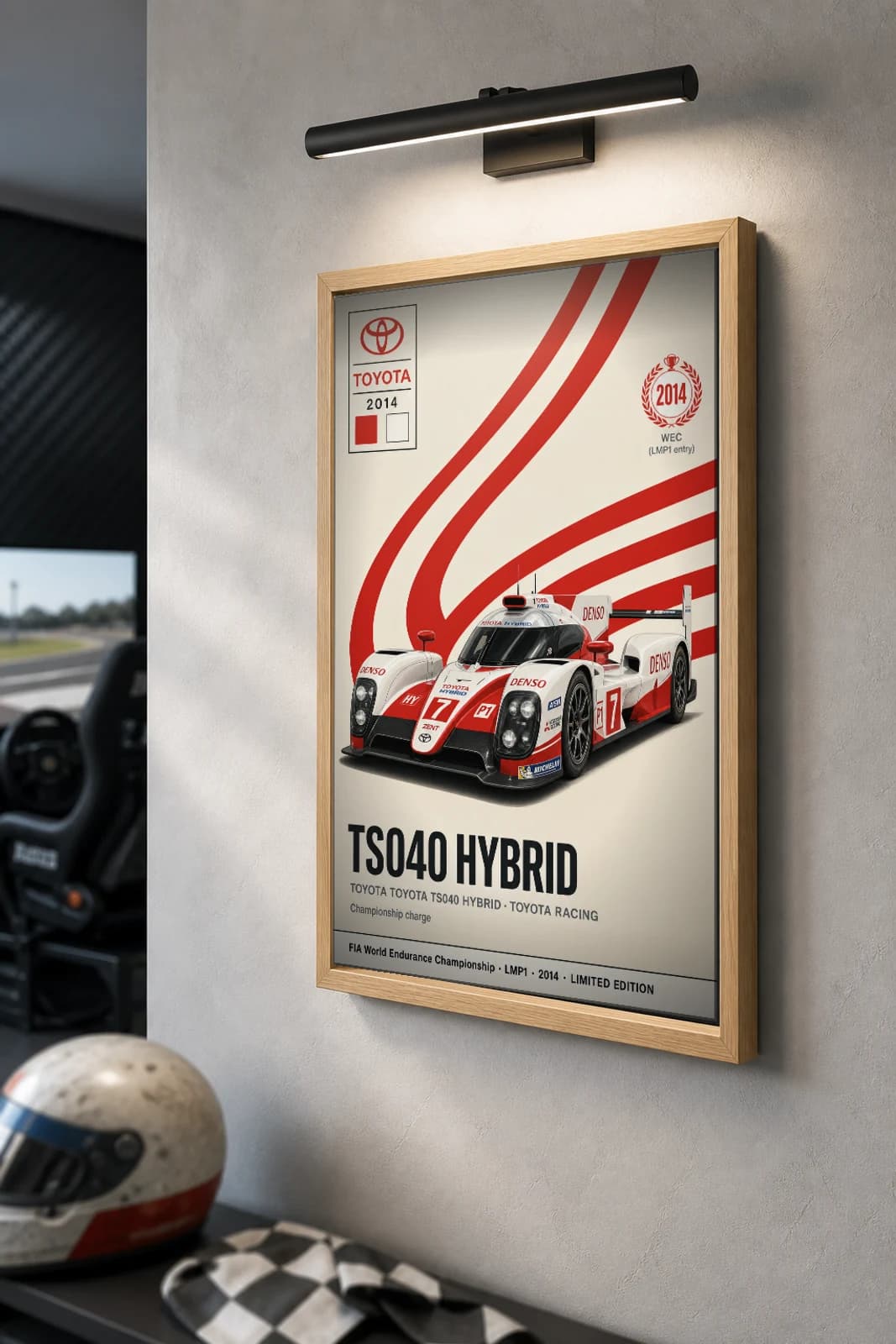 Toyota Racing TS040 Hybrid Poster — 2014 LMP1 WEC racing wall art · #7 · framed A2 — the framed print shown at a three-quarter angle on a styled gallery wall in a natural-oak frame