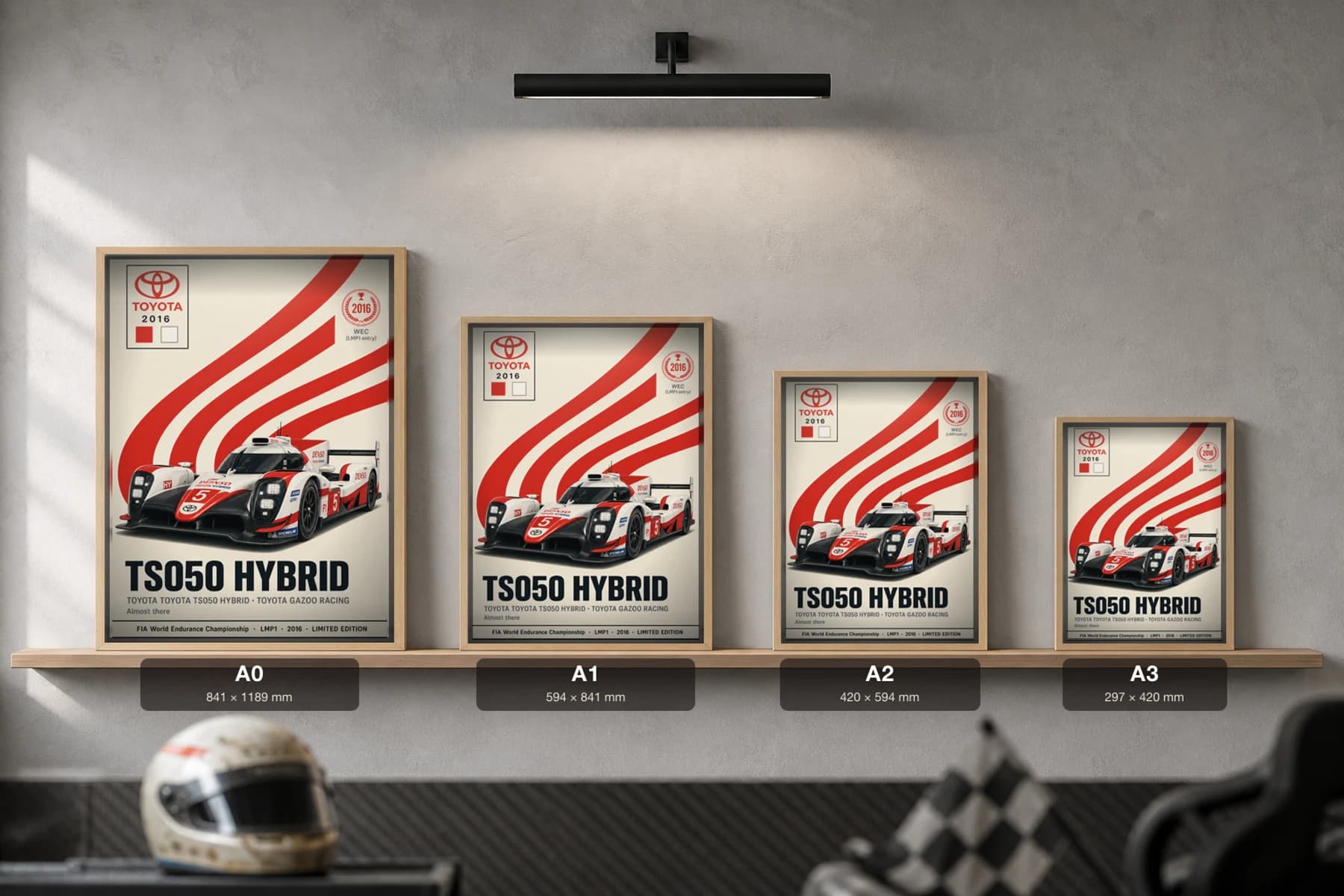 Toyota Gazoo Racing TS050 Hybrid Poster — 2016 LMP1 WEC racing wall art · #5 · framed A2 — print size guide showing the artwork at A0, A1, A2 and A3 in natural-oak frames at true relative scale