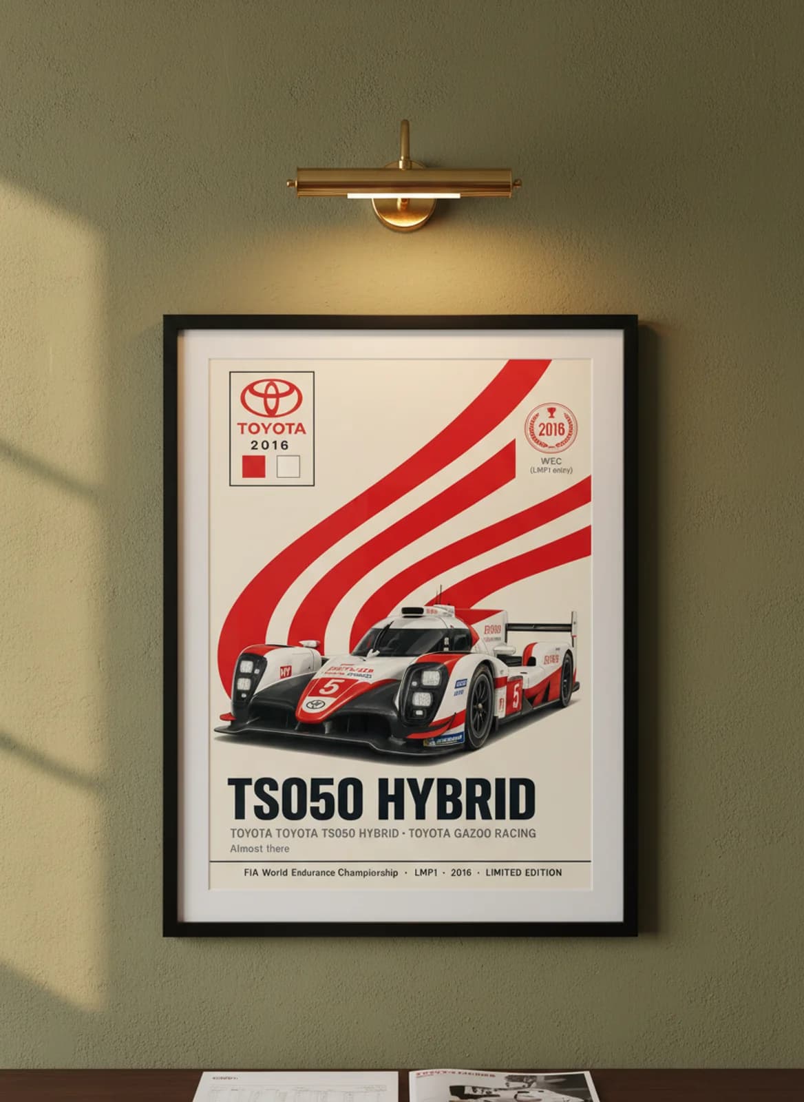 TS050 HYBRID — Toyota #5 WEC Masters endurance print in black A2 frame on toyota-red olive wall — WEC Masters mockup